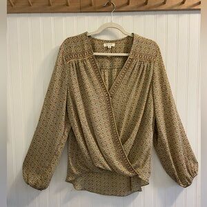 Max Studio Floral Semi Sheer Long Sleeve Wrap Blouse Yellow Multicolor XL